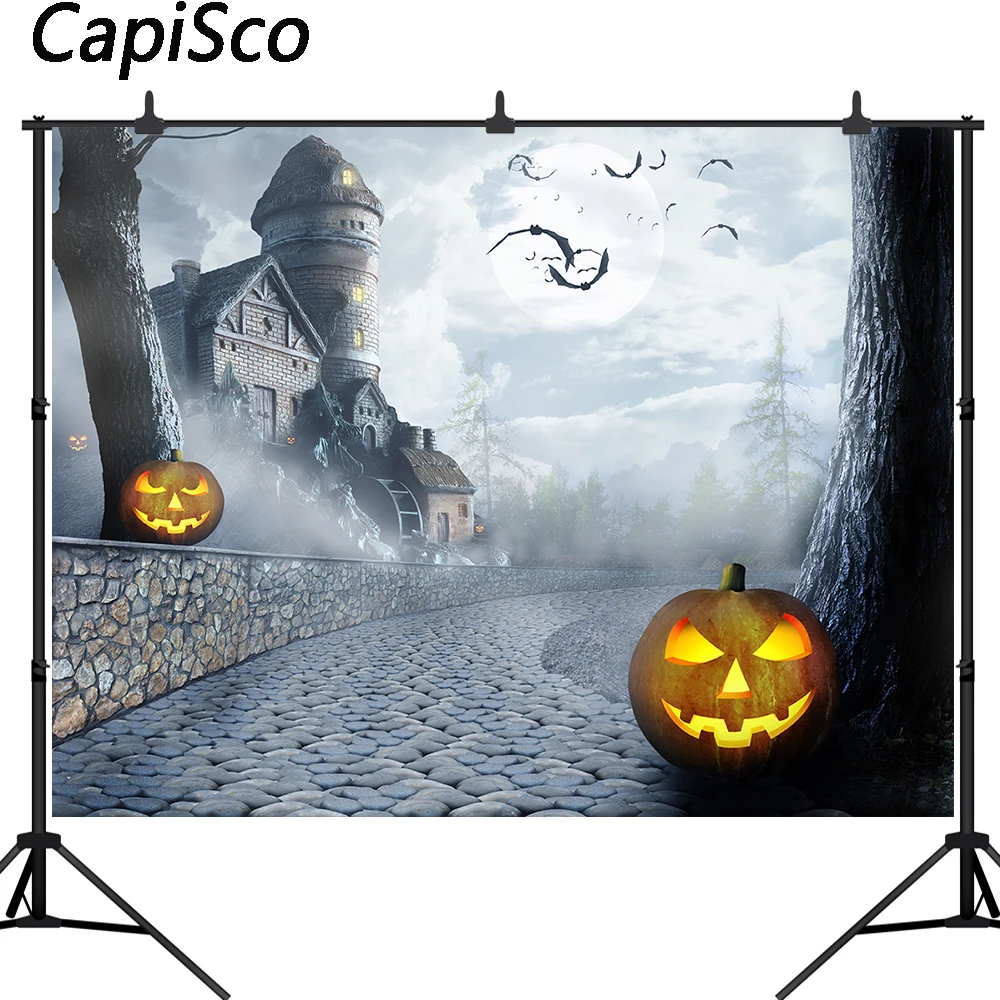 

Capisco Halloween Old Castle Grimace Pumpkin Photography Backdrop Misty Road Haunted House Bats Background Photo Studio Props