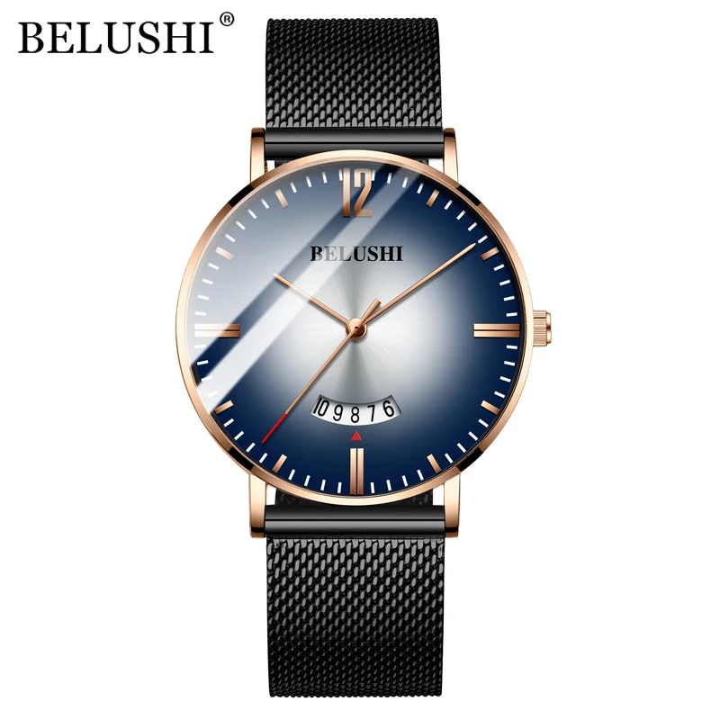 BELUSHI Ultra-thin Mesh Steel Mens Watches Business Waterproof Clock Sport Quartz Watch Men Luxury Brand Date Analog Wrist Watch