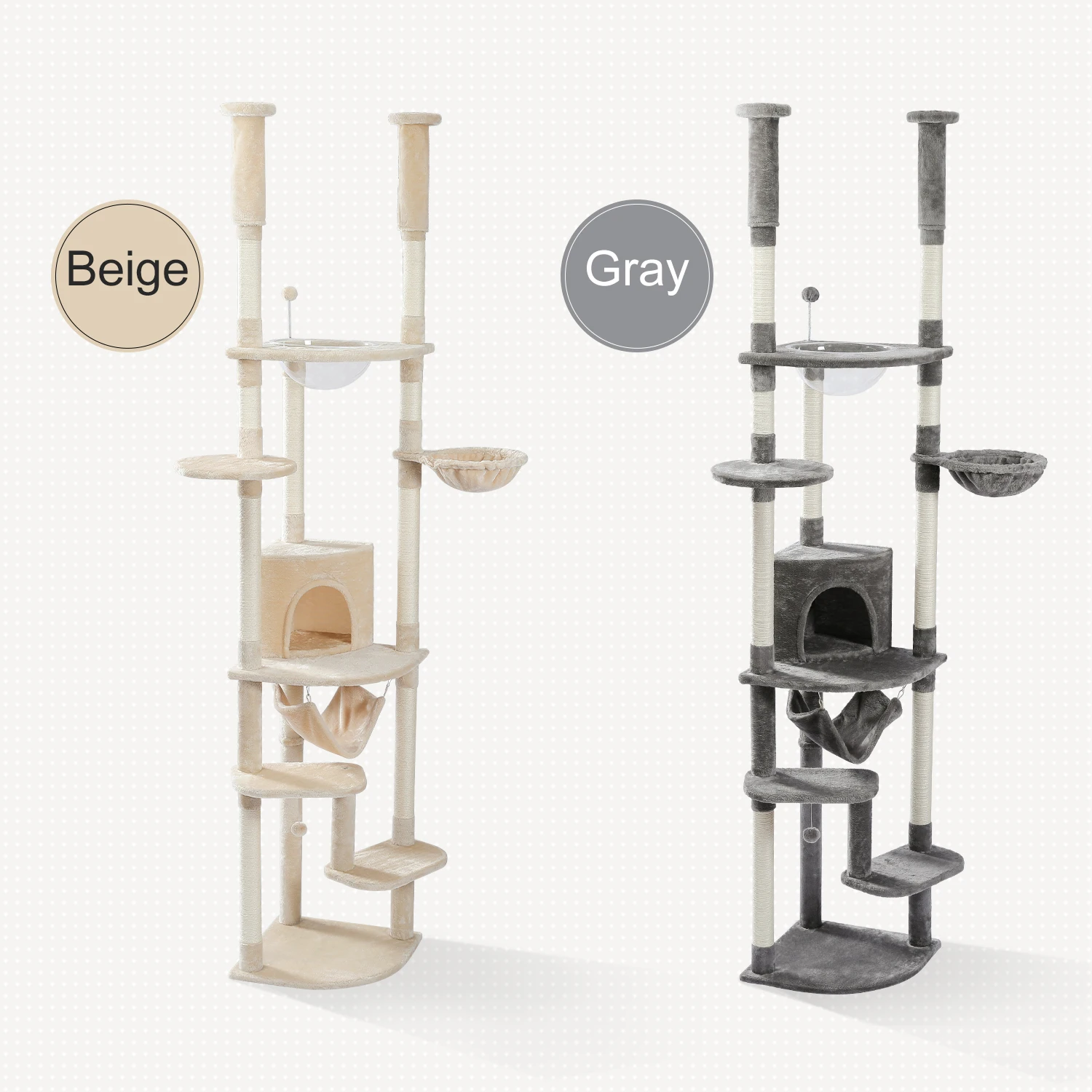 Cat Tower 5-Tier Cat Tree Floor-to-Ceiling Activity Center Kitty Climbing Tower with Condo Hammock and Dangling Balls