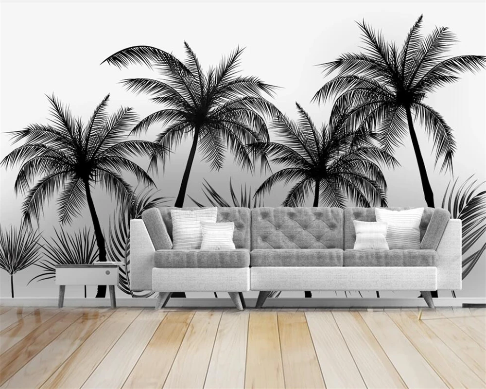 Papel tapiz personalizado para paredes, murales de fondo de TV de estilo europeo, blanco y negro, selva tropical, árbol de coco, 3 d