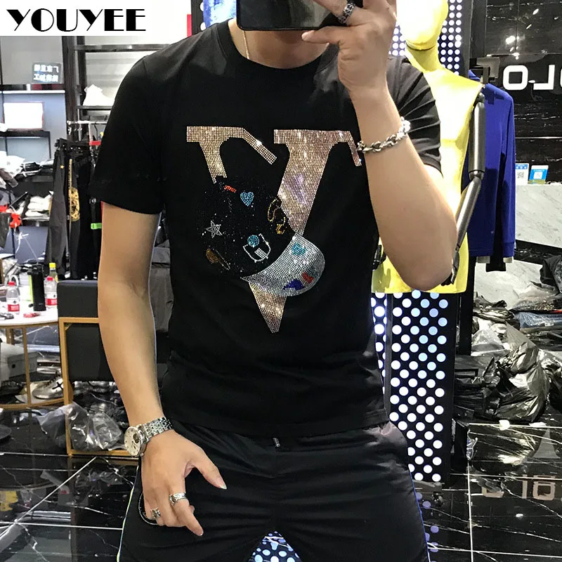 T-shirt men\'s Rhinestone personality summer fashion brand Mercerized cotton High Quality short sleeve Round Neck Tees Male Top