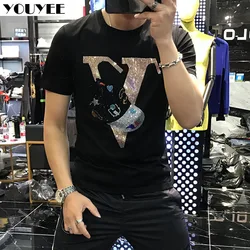 T-shirt men's Rhinestone personality summer fashion brand Mercerized cotton High Quality short sleeve Round Neck Tees Male Top