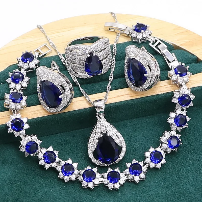 Royal Blue Sapphire 925 Sterling Silver Jewelry set for Women Bracelet Hoop Earrings Necklace pendant Ring