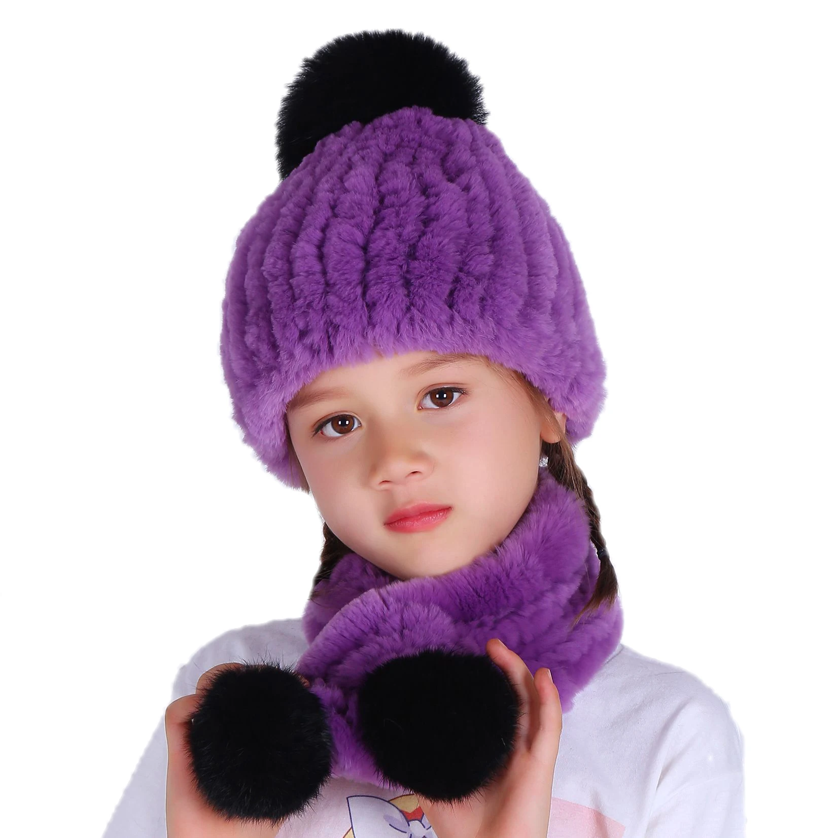 

Children Genuine Knitted Rex Rabbit Fur Fedoras Hat Fox Pom Scarf Sets Winter Fashion Ear Protector Headgear Neckrings LF21021QX