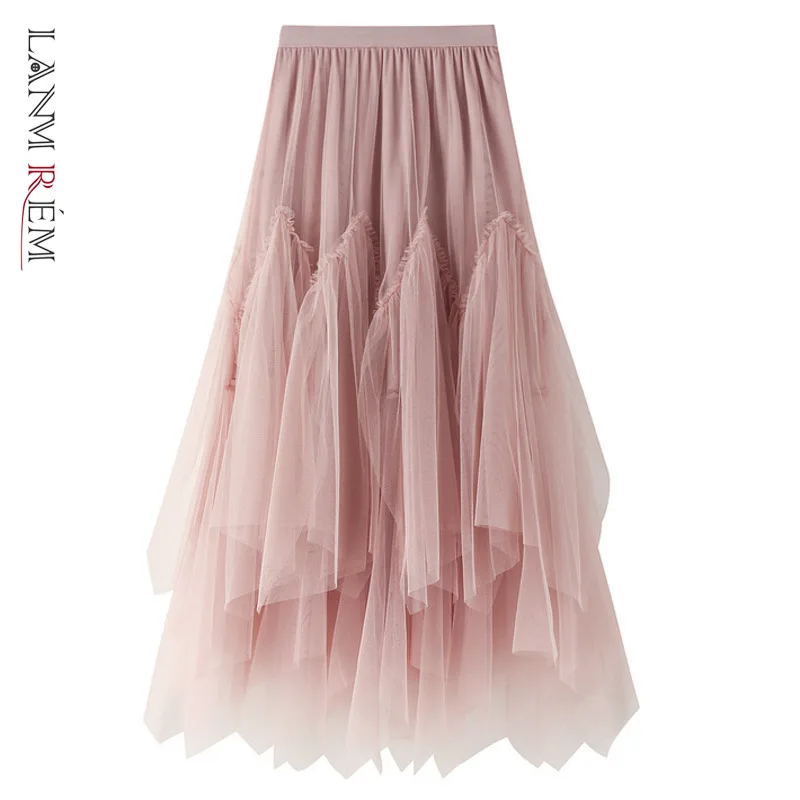 

LANMREM 2024 Spring New Mid-length Solid Color A-line Puff Skirt Women Irregular Mesh Layers Cute Party Skirts 2J113