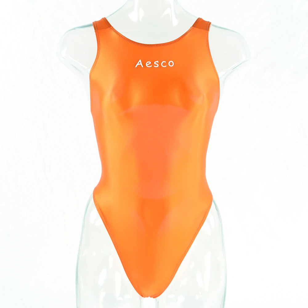 sexy Women Glossy Oily orange one-piece swimsuit tight-fitting elastic silky fashionable high-fork T-shaped plus size swimwear