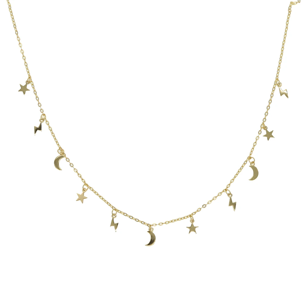 100% 925 Sterling Silver Gold Filled Vermeil Jewelry Lucky Cute Minimal Delicate Moon Star Lightning Bolt Charms Choker Necklace