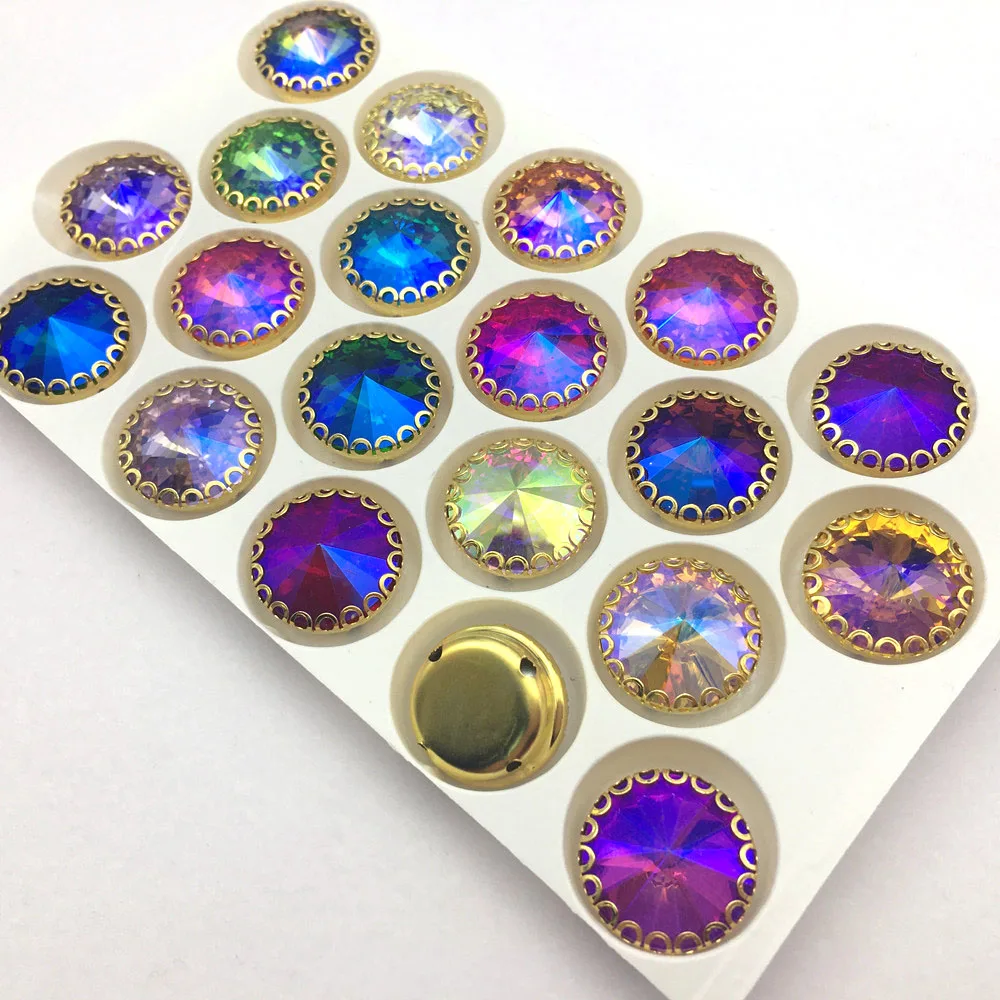 AB colors round shape strass sew on rhinestones gold base lace claw rilvoli glass crystal rhinestone Diy clothing accessories