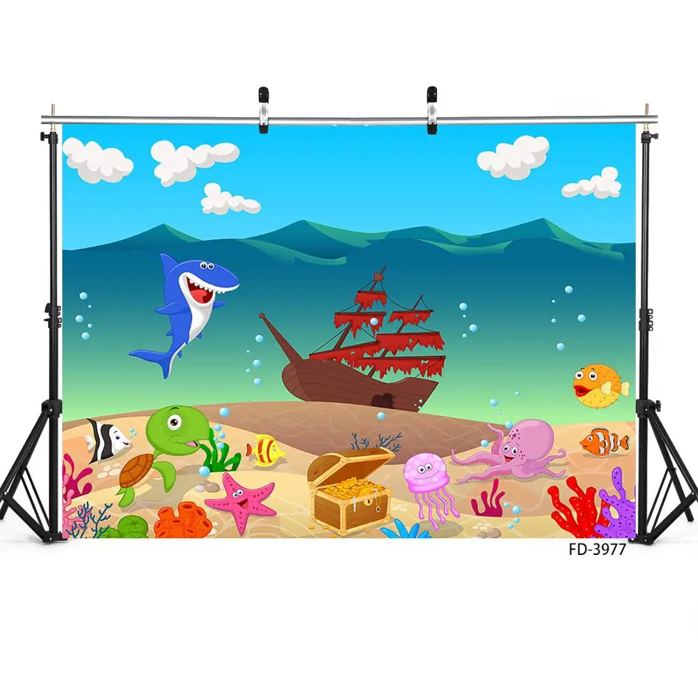 Cartoon Undersea Gold Fish Ship Bubble Photo Backgrounds Custom Backdrop for Baby Children Birthday Photoshoot Photography Props