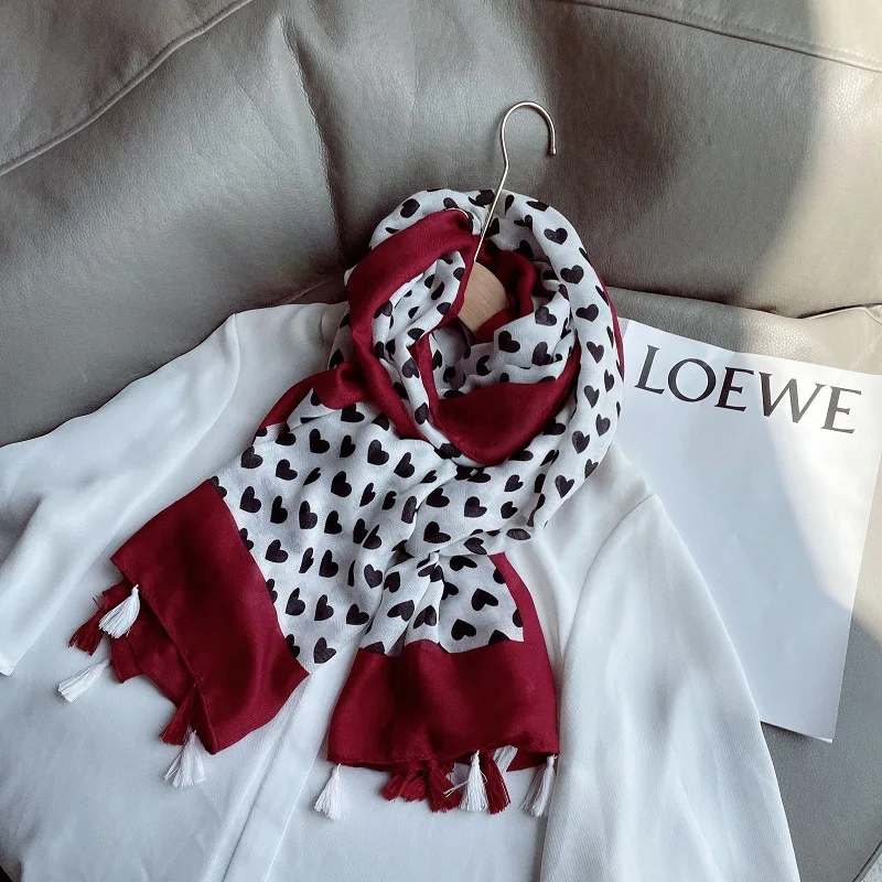 Fashion Autumn Women Viscose Scarf Loop Love Heart Maroon Tassel Shawls and Wraps Female Foulard Echarpe Muslim Hijab 180*90Cm