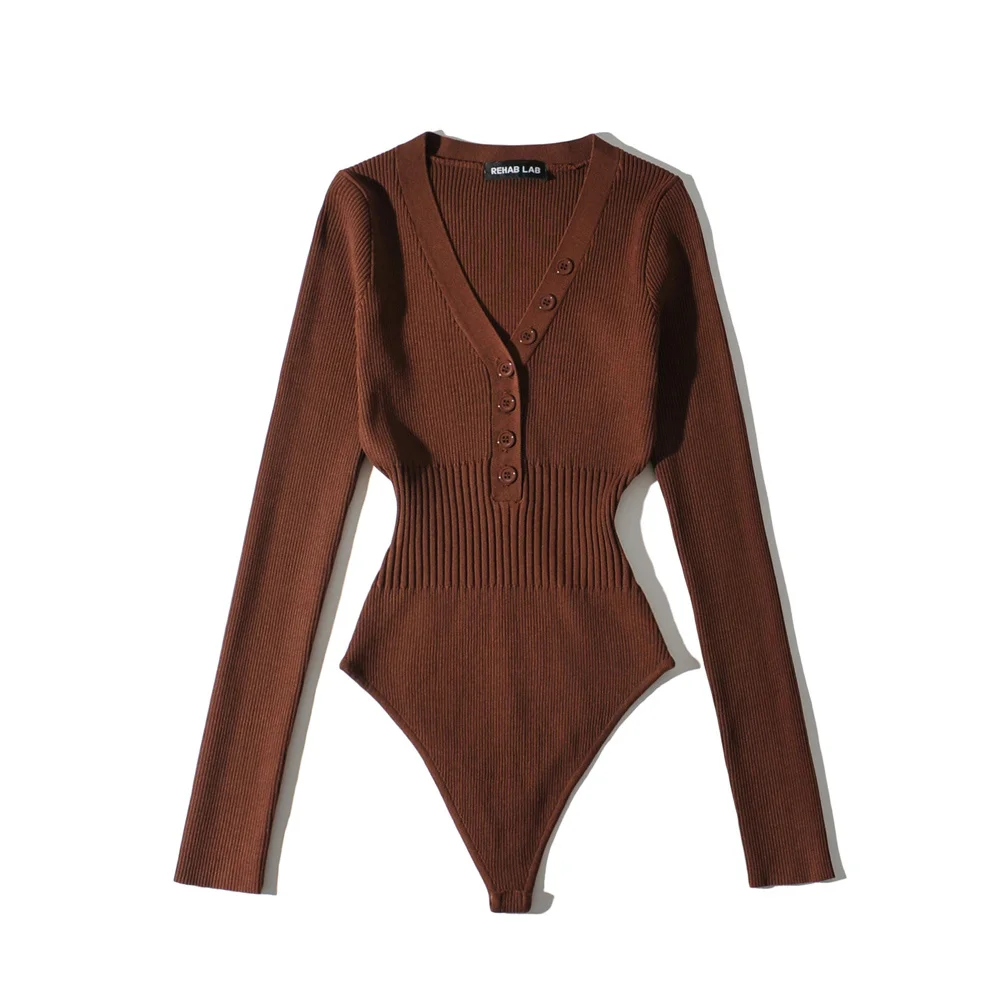 Summer one piece outfits for women sexy deep v neck bodysuit women bodycon bodysuit long sleeve button up bodysuit knitted