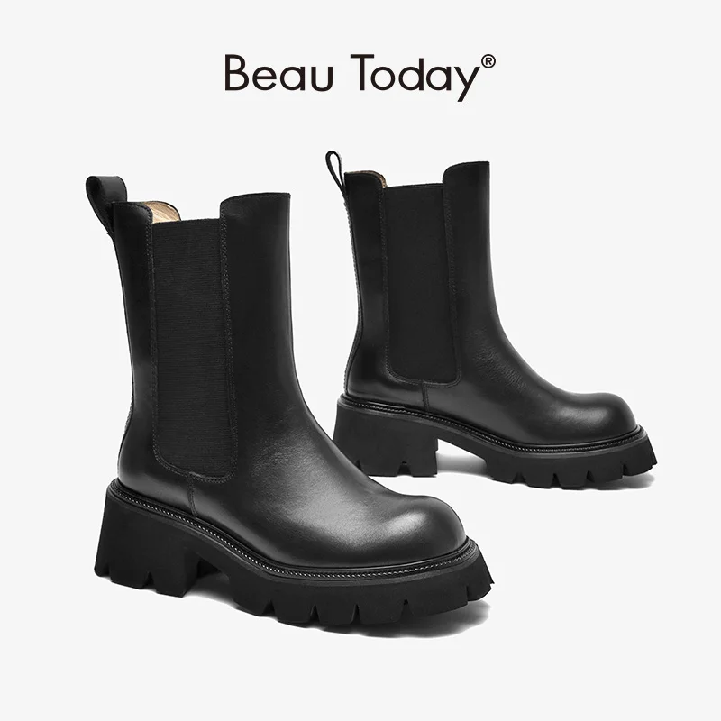 

BeauToday Chelsea Ankle Boots Platform Women Calfskin Leather Round Toe Elastic Band Thick Sole Ladies Shoes Handmade 02396