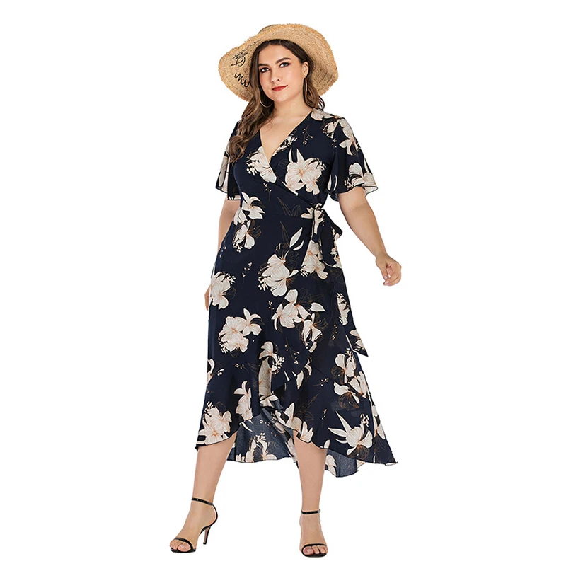 Vestido de verano de manga corta con flores para mujer, traje largo de estilo vendaje, a la moda, talla grande, 2023