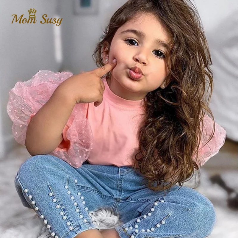 Fashion Summer Baby Girl Cotton T-Shirt Puff Sleeve Toddler Girl Pincess Lace Shirt Short Sleeve Round Neck Tee Top Solid Blouse