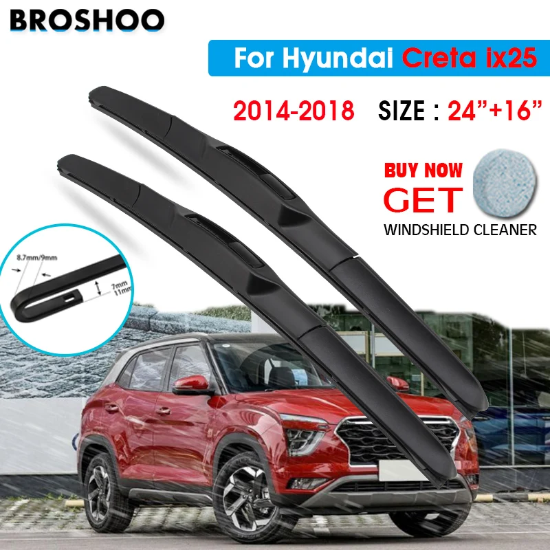 

Car Wiper Blade For Hyundai Creta ix25 24"+16" 2014-2018 Auto Windscreen Windshield Wipers Blades Window Wash Fit U Hook Arms