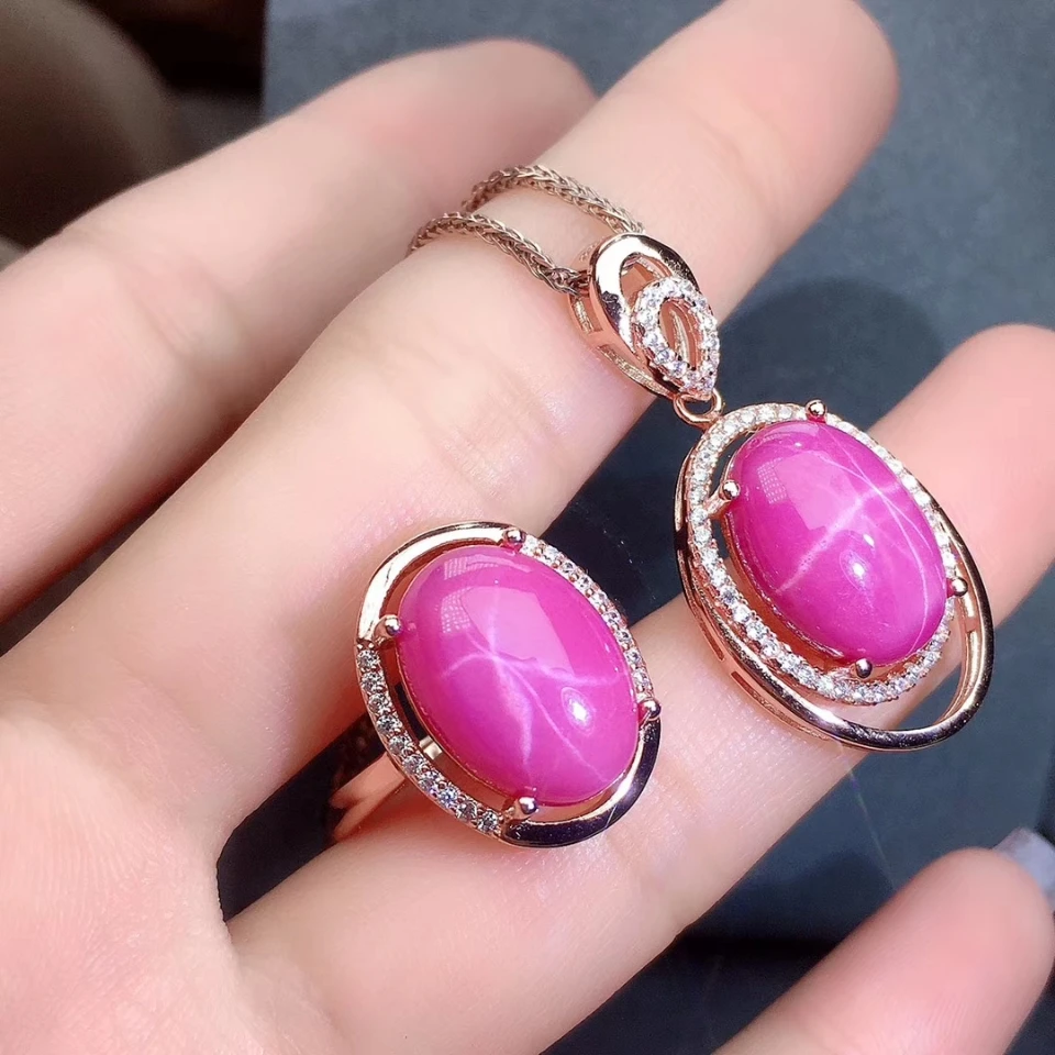 KJJEAXCMY Fine Jewelry Natural Star Ruby 925 Sterling Silver Women Pendant Necklace Chain Ring Set Support test Classic
