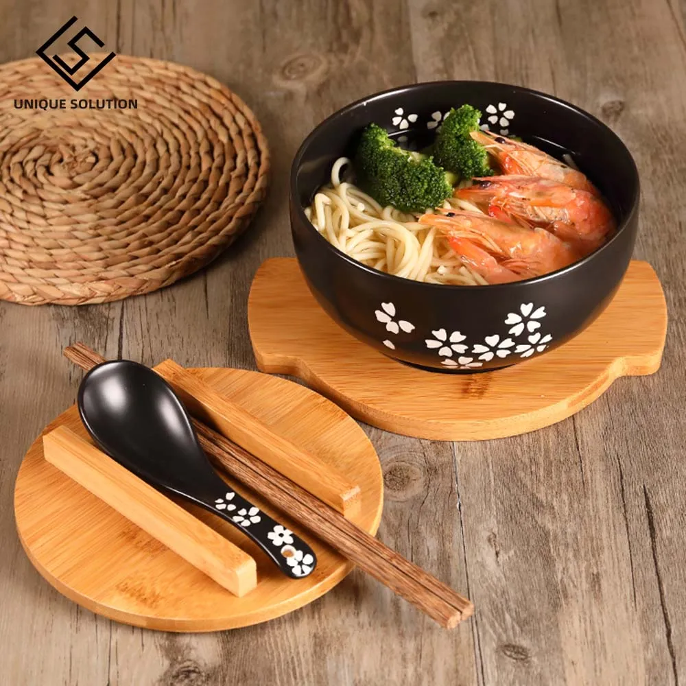 Japanese Style Rice Noodle Bowl with Lid Spoon and Chopstick Kitchen Tableware Ceramic Salad Soup Bowl Food Container Dinnerwaps