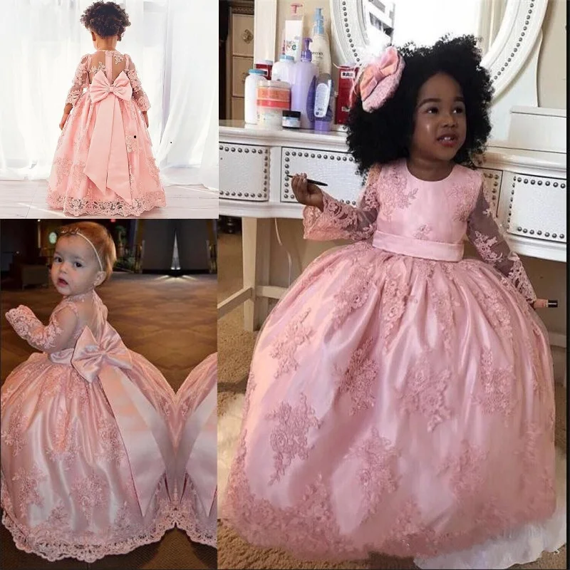 Pink Flower Girls Dresses Beautiful Holy Communion Dresses Lace Long Sleeve Beaded Puffy Ball Gown Prom Pageant Dress For Girls