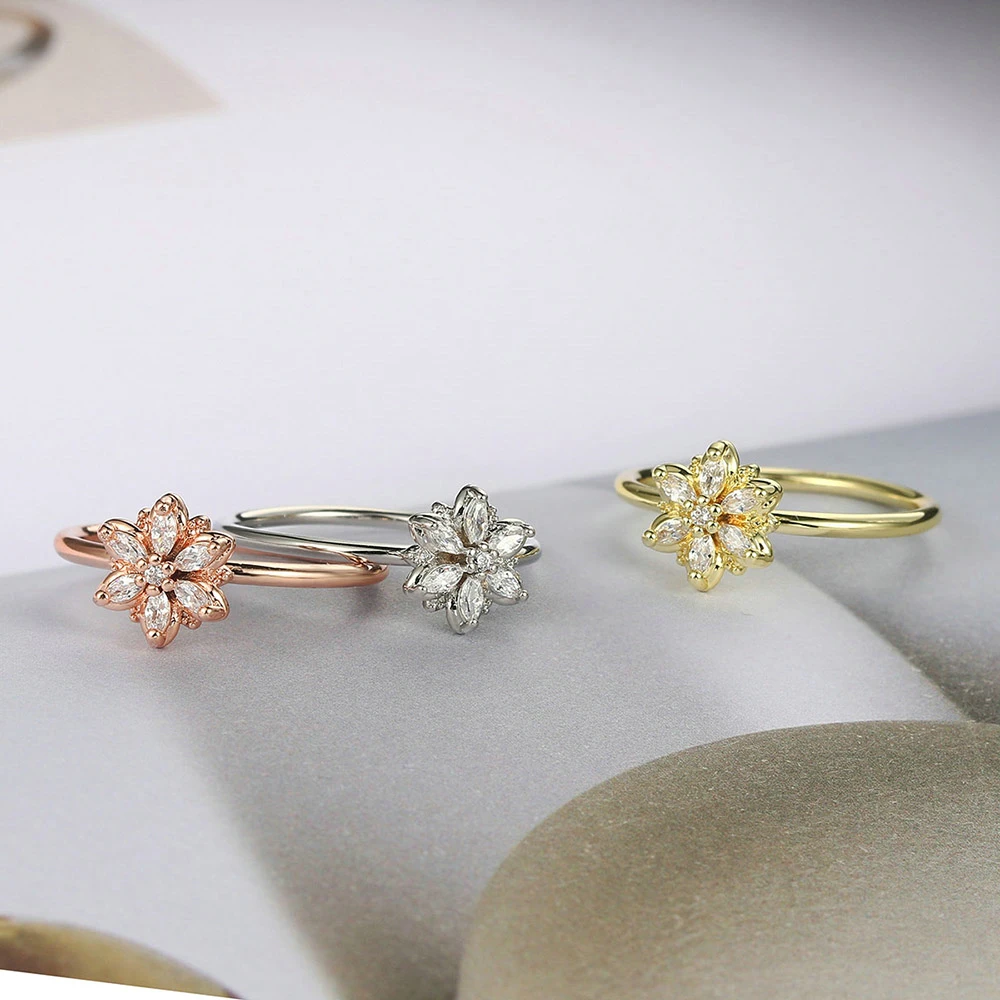 ZHOUYANG Crystal Flower Finger Rings For Women Elegant Fresh Style Zircon 3 Color Wedding Engagement Gift Fashion Jewelry R080