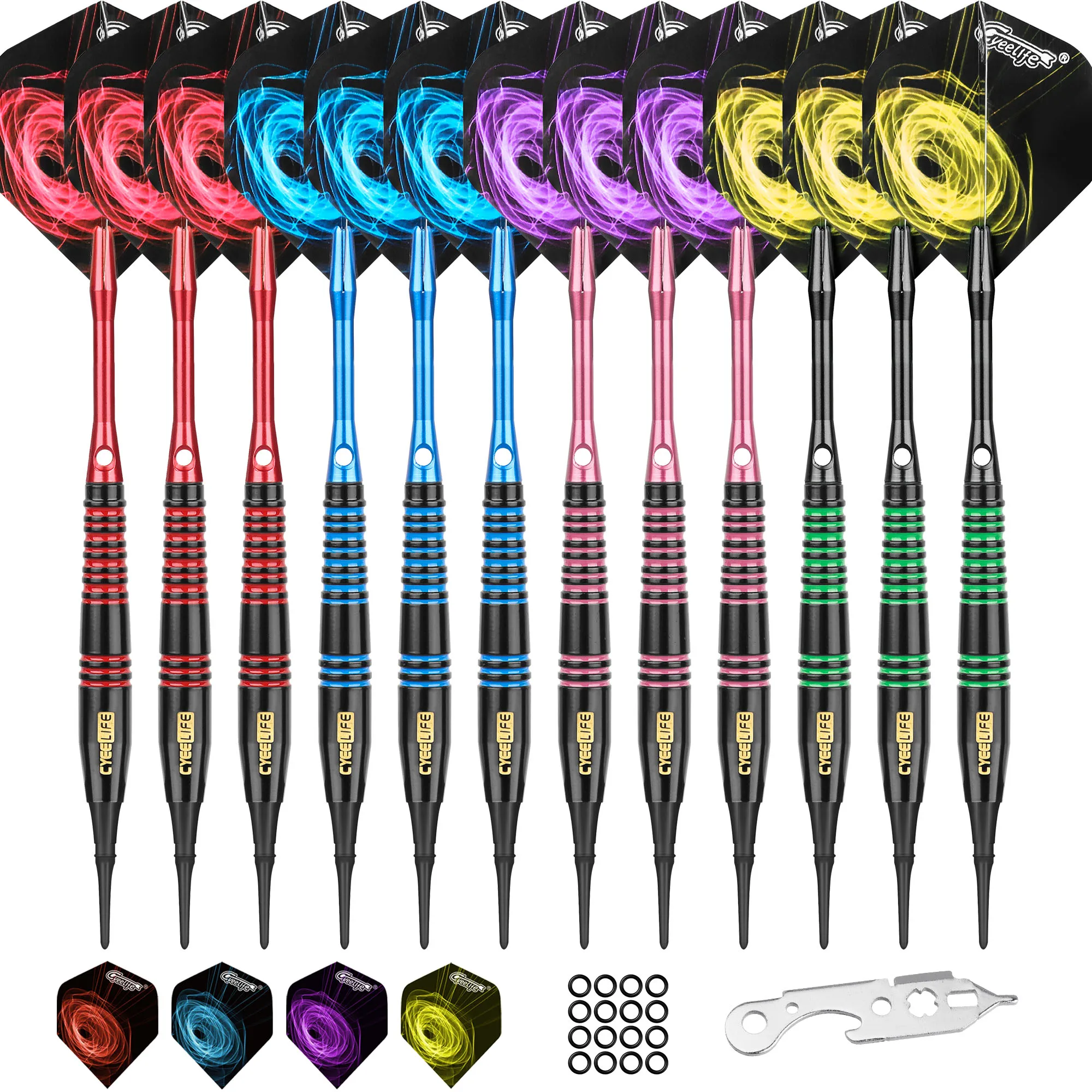 CyeeLife 12 Packs Brass Soft Tip Darts 18 Gram,4 Colors Aluminium Shafts+Tool+Rubber Rings Professional Electronic Dart set