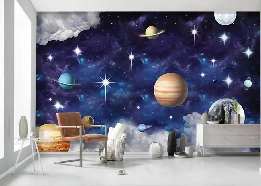 

Bacal Custom 3d Wallpaper Murals Hand Painted Universe Galaxy Planet Children's Room Bedroom Background Wall 3d Wallpaper