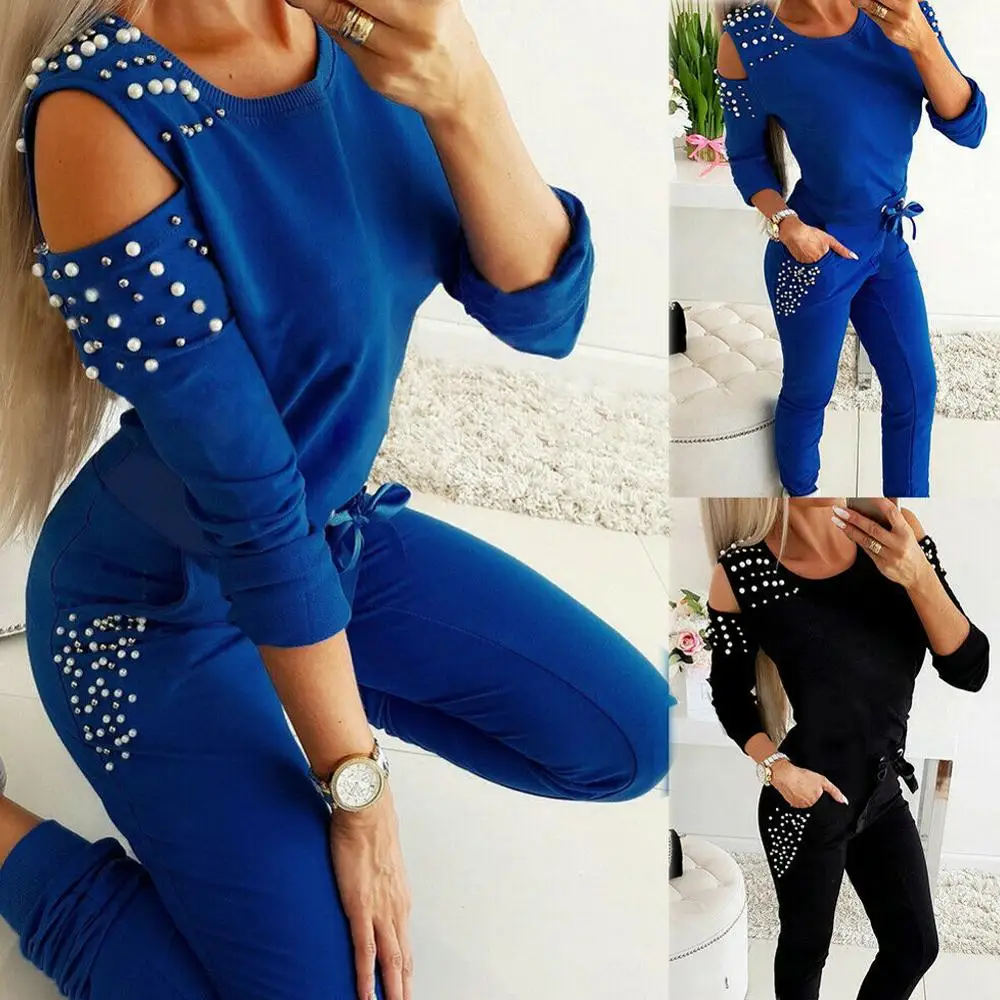 

Women's Casual 2 Piece Outfits Hollow Out Design Beading Decor O-Neck Long/Short Sleeve Solid Top+Drawstring Slim Pencil Pants