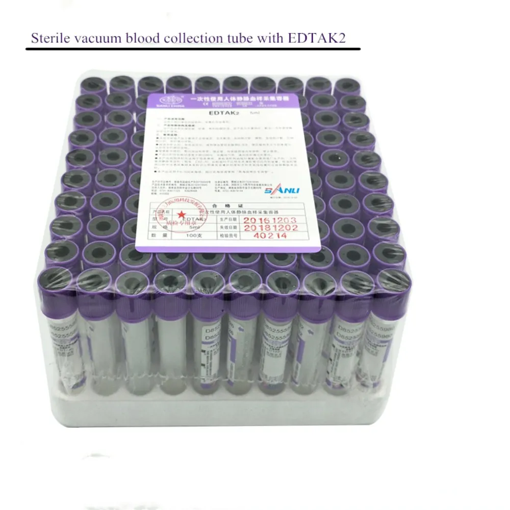 Disposable Sterile vacuum blood collection tube with EDTAK2, Purple lid Anticoagulation tube 5ml with CE, PET/Glass tube 100/PK