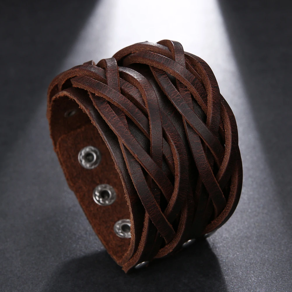2025 Trend Jewelry Vintage Hand Woven Leather Bracelet Cuff Wide Leather Bracelet Men\'s Accessories Pulsera Hombre