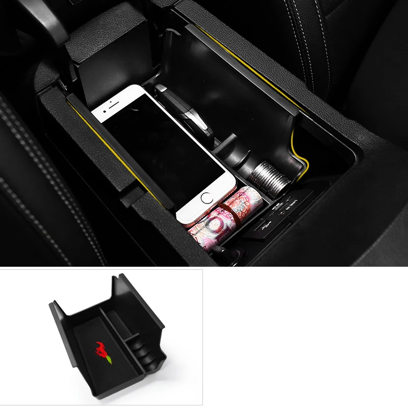 QHCP Car Armrest Box Storage Boxes Central Tray Pallets Container Organizer Stowing Tidying For Ford Mustang 2015-2020 Accessory