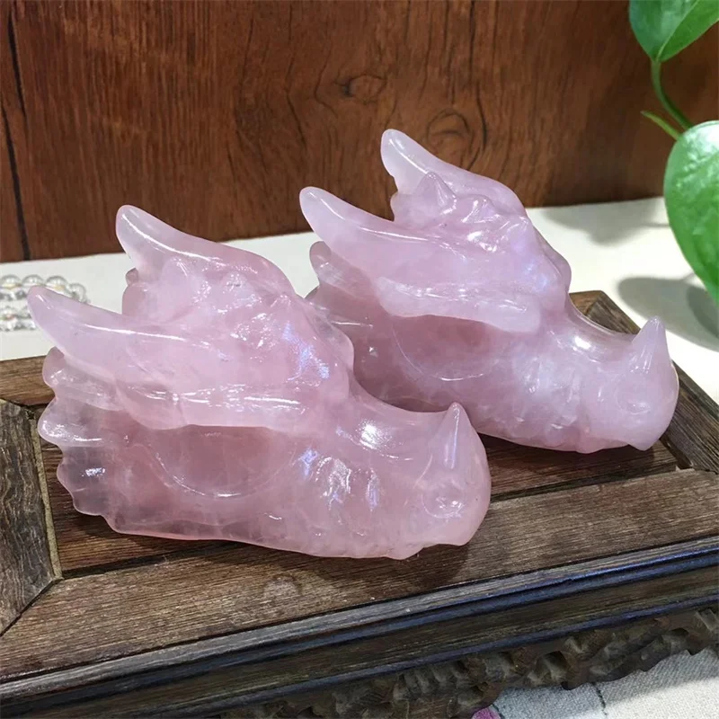 Natural Rose Quartz Crystal Handmade Carved Dragon Head Skull Polished Animal Powerful Statue Home Decoration Accessories 1pcs