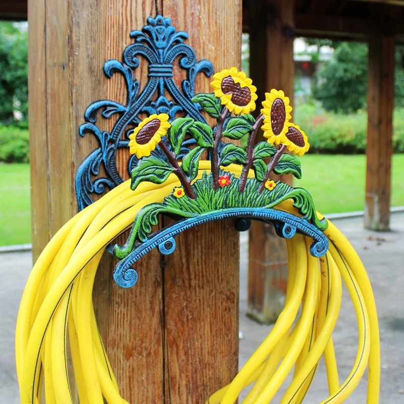 Vintage Blue With Green Yellow Hand Paint Sunflower Tulip Cast Iron Wall Mounted Water Pipe Holder European Garden Decor Hook