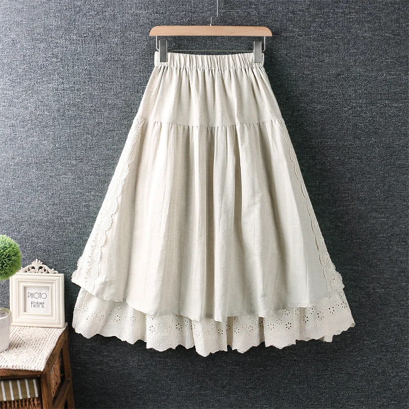 TIYIHAILEY Free Shipping New Cotton Linen Women Skirt Spring A Long Maxi Elastic Waist A-Line Embroidery Crochet Patchwork