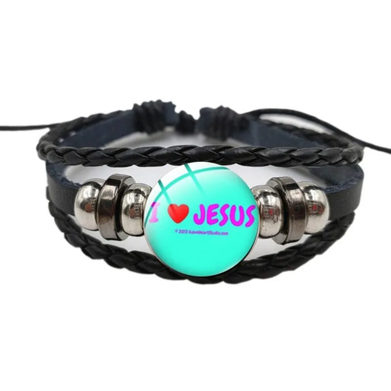 Jesus Fish Christian Symbol Bracelet Handmade Glass Gem Punk Black Braided Leather Bracelet For Men And Women Cuff Jewelry