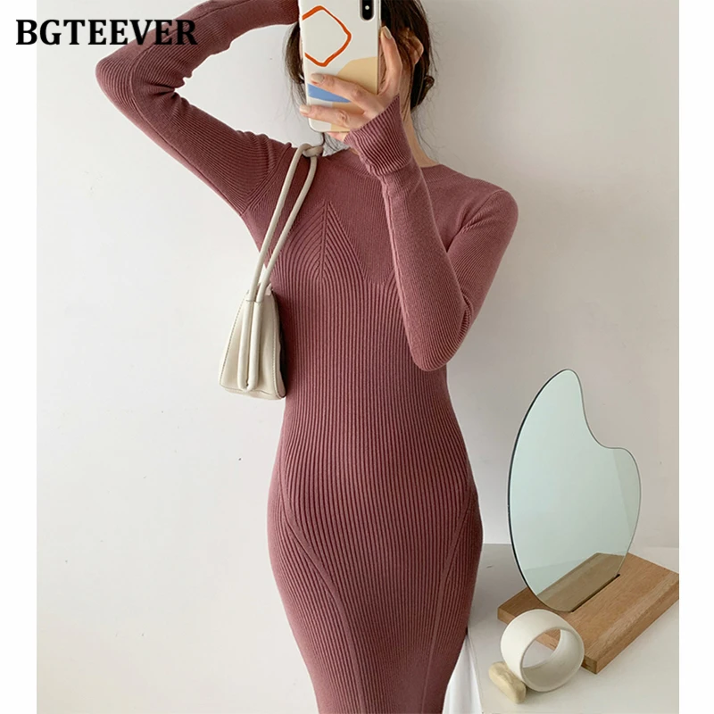 BGTEEVER O-neck Slim Sweaters Bodycon Dress for Women 2021 Autumn Winter Knitted Vestidos Femme Full Sleeve Midi Female Dress