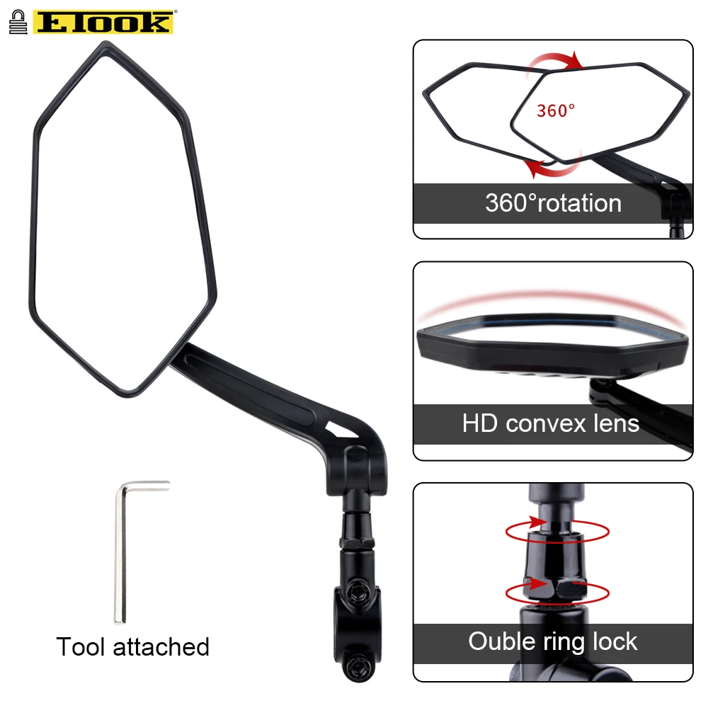 ETOOK Bicycle Rear View Mirror Handlebar Reflector Wide-Range Adjustable Angles Mirror Mountain Bike E-Scooter Accessories