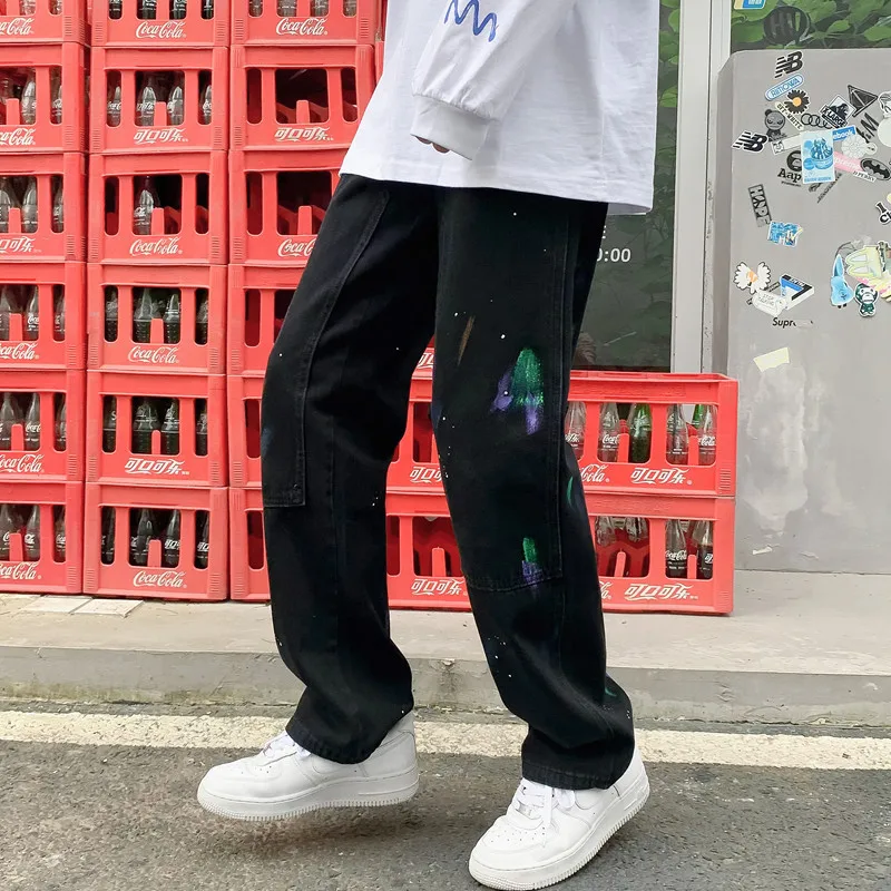 ICCLEK Splash Ink Jeans Men's Fall Loose Casual Straight-leg Pants High Street Sports Pants Men Skinny Jeans  Patchwork Jeans