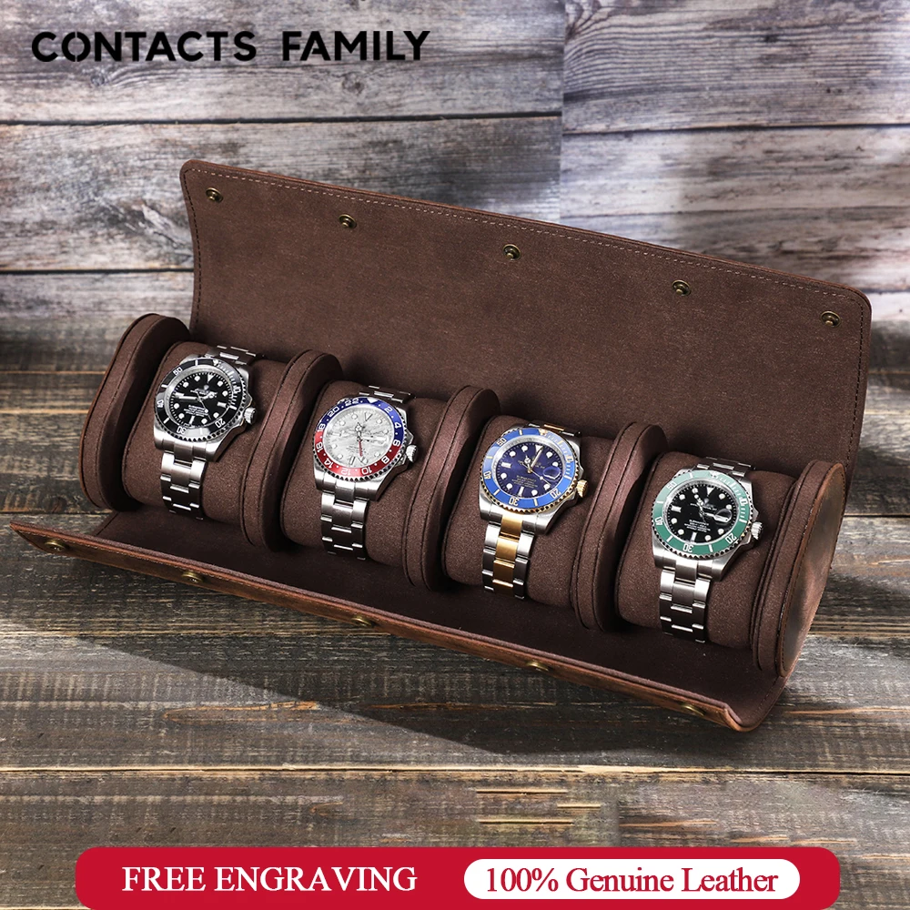 CONTACT'S FAMILY Leather 4 Slots Watch Roll Case Watch Holder Travel Organizer Display Handmade Accessory Jewelry Box Gift