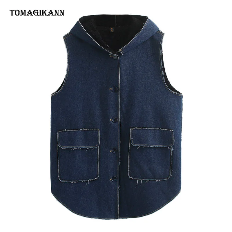 

BF Plus Size Denim Vest Women Hooded Single Breasted Pockets Fleece Linning Warm Waistcoat Autumn Winter Casual 6XL Female Cloth