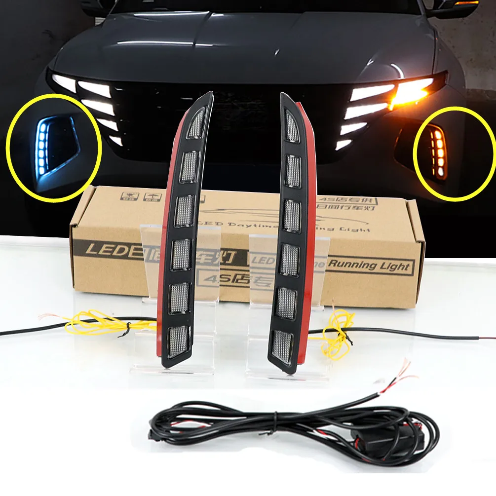 LED Car DRL Daytime Running Lights With Turn Signal Yellow Blue Nighttime Lights Replace Fog Lamp Cover or Hyundai Tucson 2021