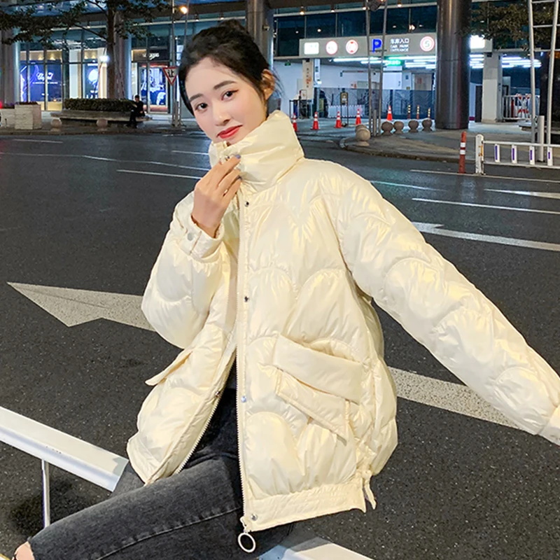

Women's Shiny Winter Jackets Solid Long Sleeve Stand Collar Ladies Puffer Coat Casual Zipper Pockets Cotton Liner Female Nice