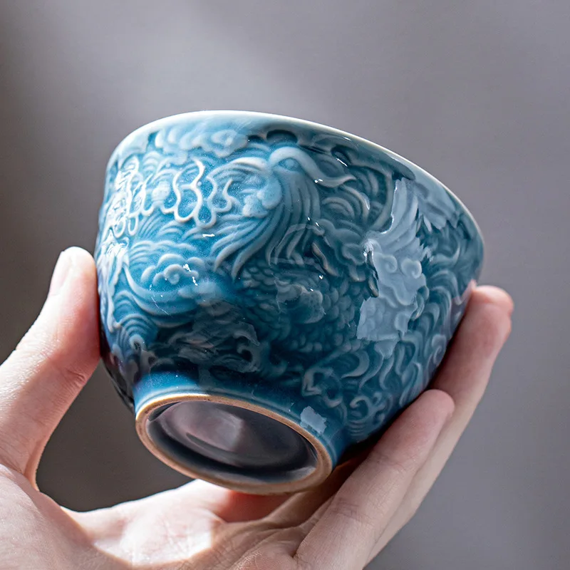 115ml Retro Embossed Auspicious Dragon Art Tea Cup Ceramic Master Cup Single Cup Male Chazhan Household Kung Fu Tea Cup Tea Set