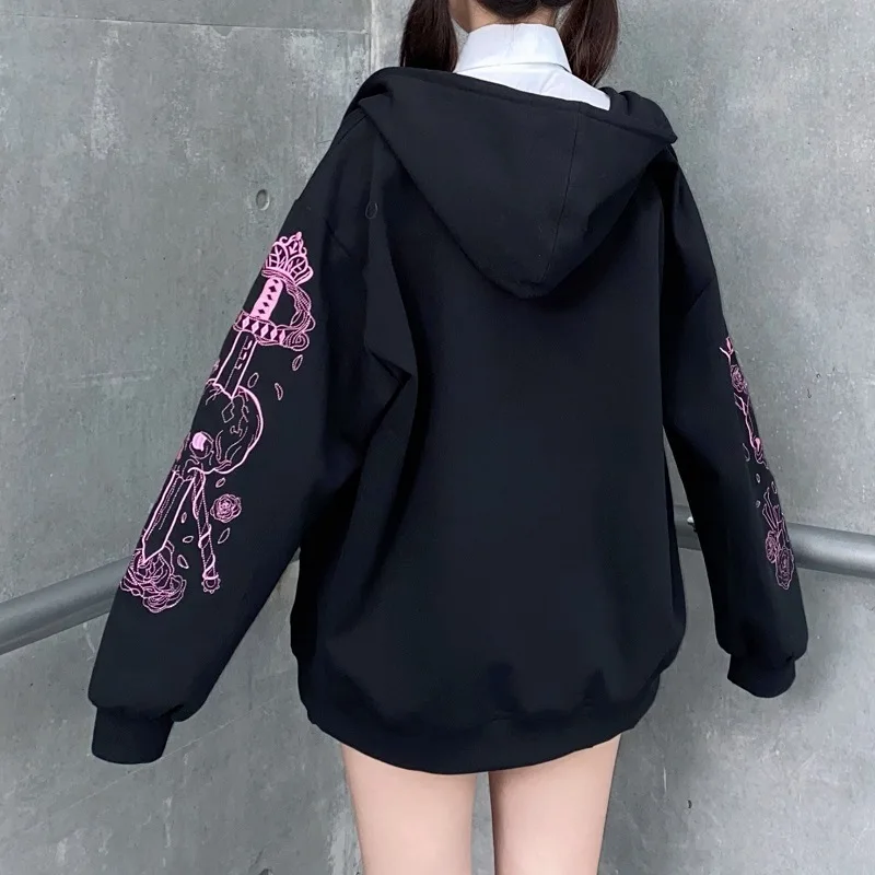 Harajuku Zip Up Hoodies Women Punk Goth Long Sleeve Printed Sweatshirt Autumn Streetwear Oversized Black Female Hoodie Jacket