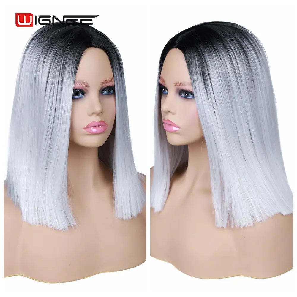 Wignee Synthetic Wig Cosplay Short Hair Wig For White Women Purple Light Gray Straight Wig High Temperature Fiber Daily Life