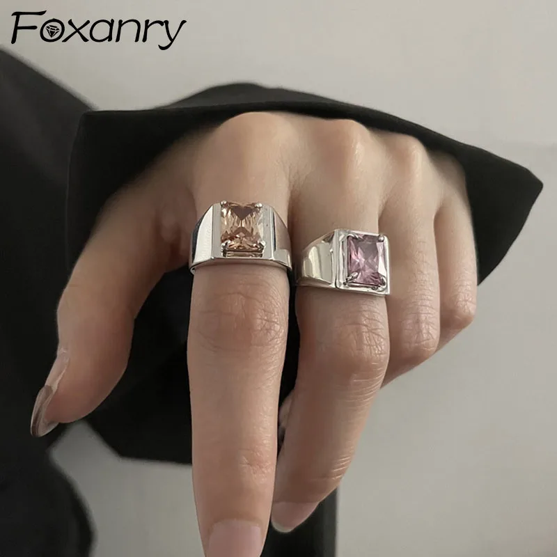 FOXANRY Silver Color Wide Rings for Women Fashion Hip Hop Vintage Creative Sparkling Pink and Yellow Zircon Party Jewelry