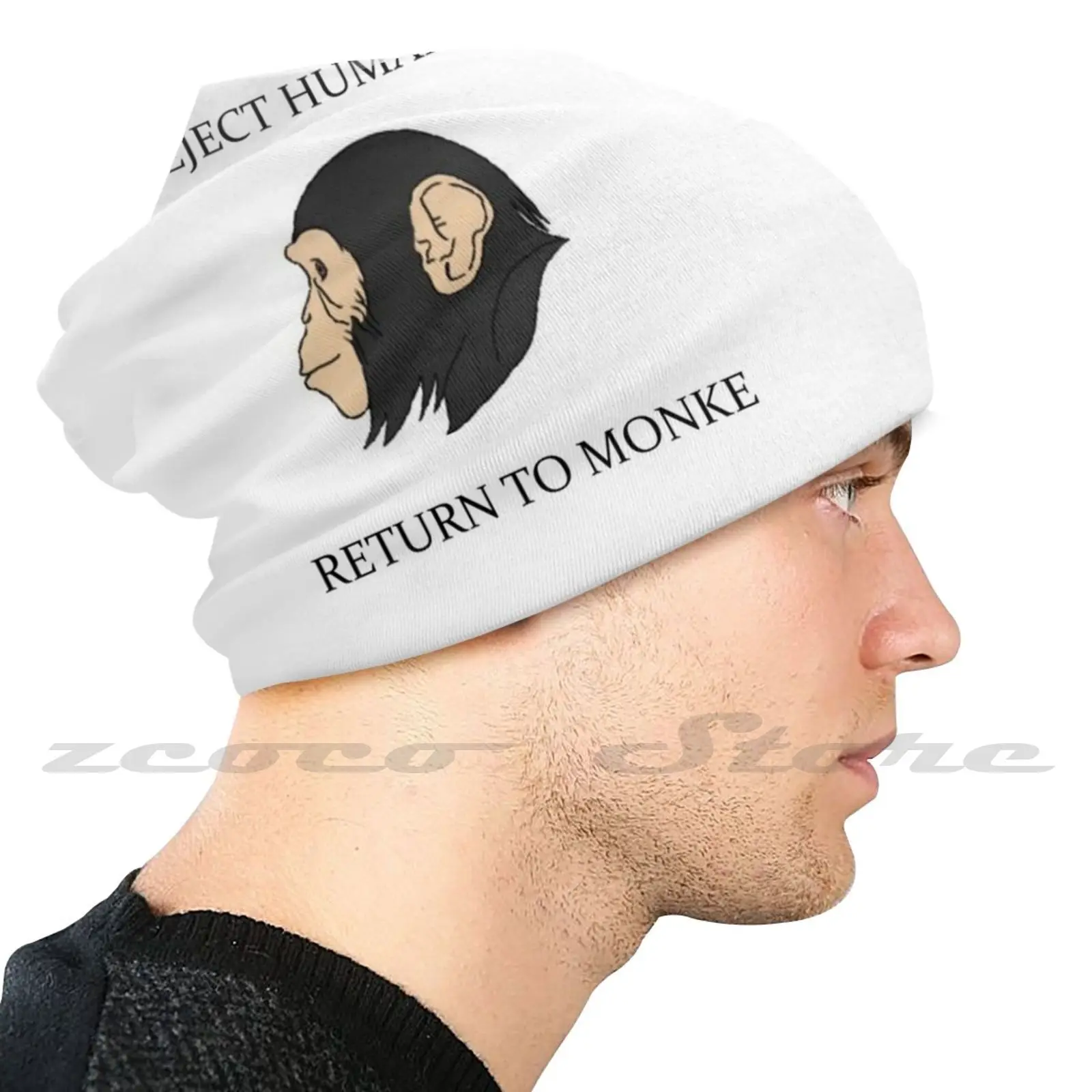 Reject Humanity-Return To Monkey Diy Pullover Cap Knit Hat Plus Size Keep Warm Elastic Soft Monke Monkey Chimpanzee Reject Meme