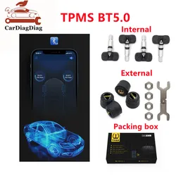 TPMS BT 5.0 Tires Pressure Monitor System 4 Car Internal/External Sensor Works on Android/ iOS Mobile Phone App Display