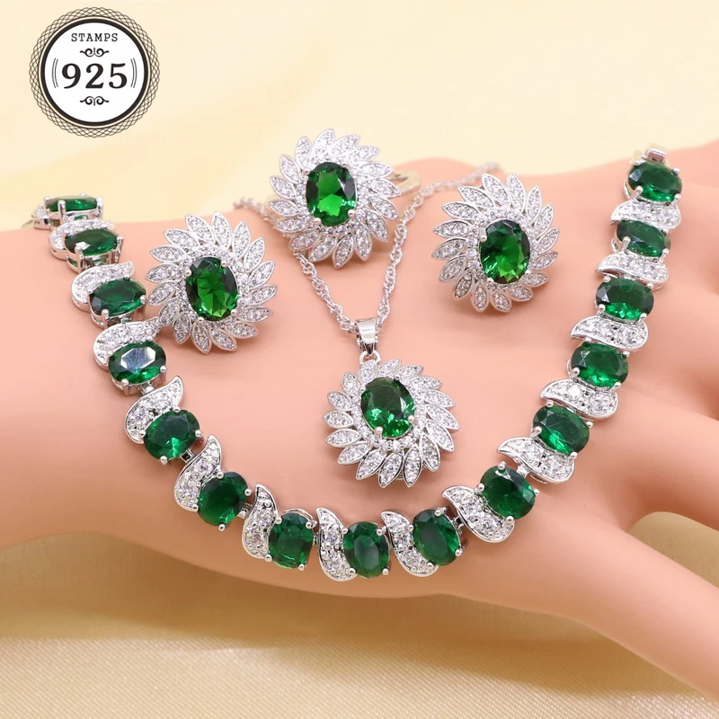 Green Imitated Emerald Crystal White Zirconia Silver color Bridal Jewelry Sets For Women Necklace Pendant Earrings Ring Bracelet