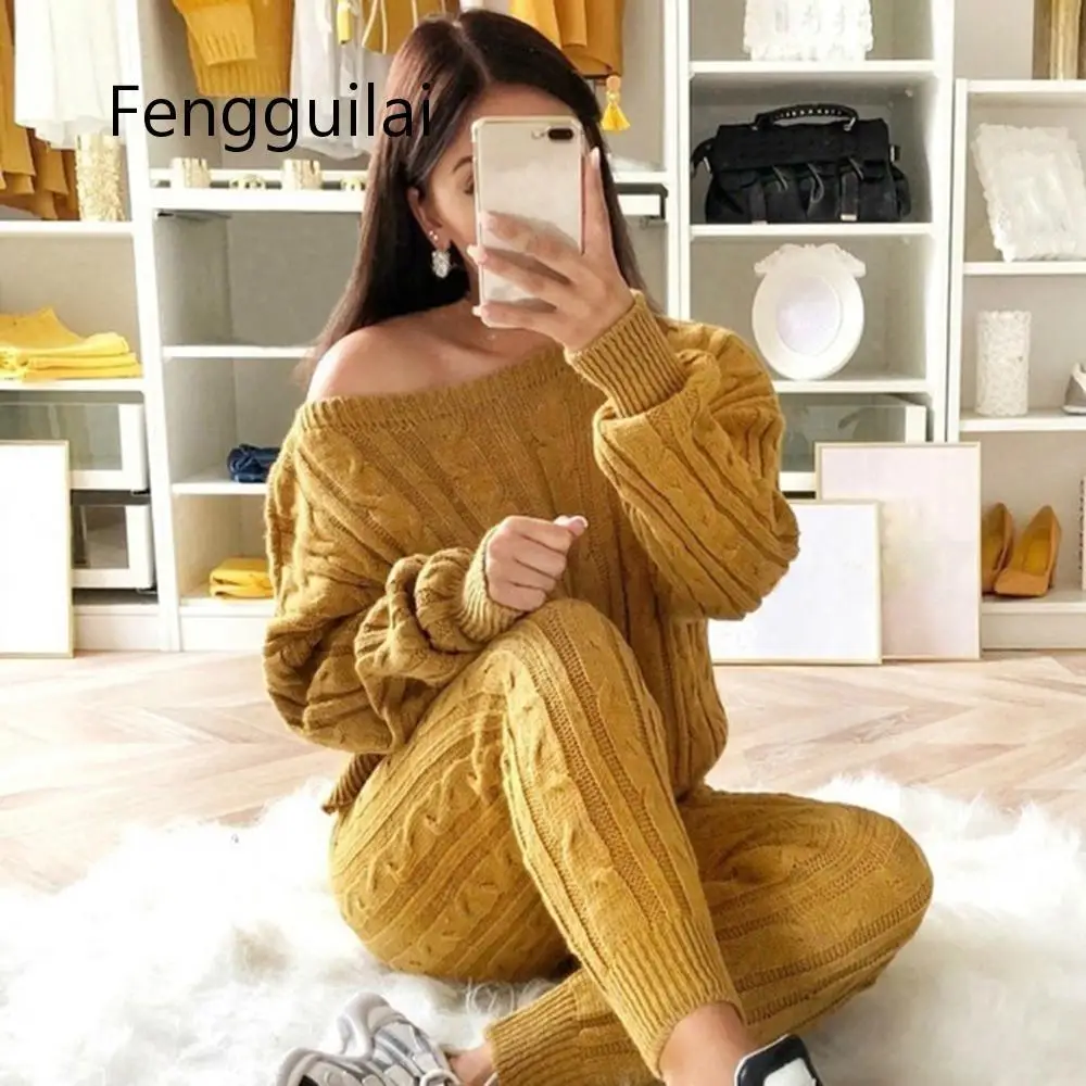 Autumn New Cotton Tracksuit Women Sweater Top+Pants Knitted Suit O-Neck Outwear 2 Piece Set