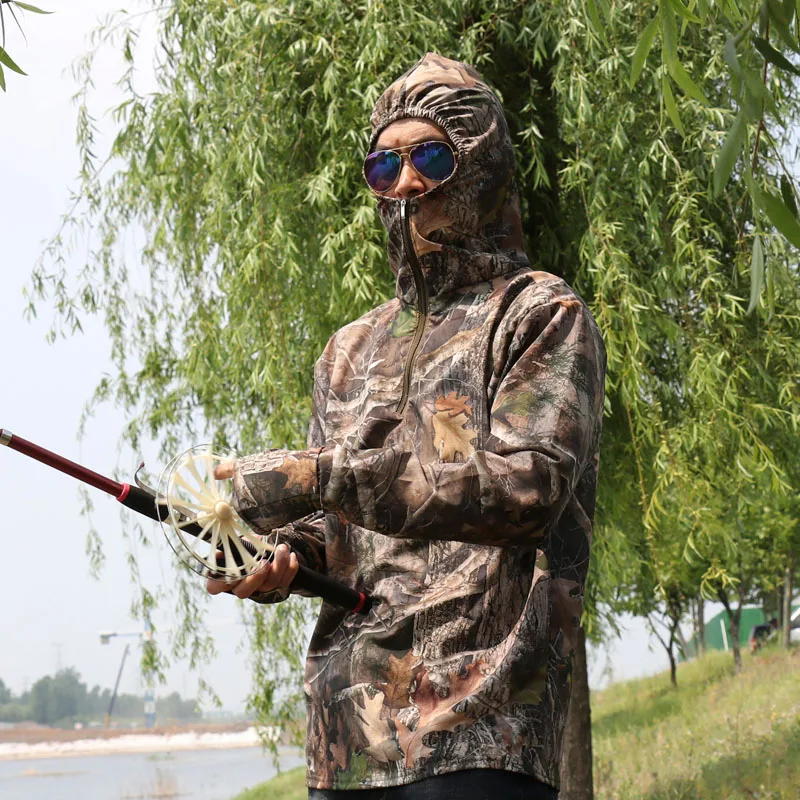 Summer Thin Quick-Drying Bionic Camouflage Long Sleeve T-Shirt Tops Male Hunting Fishing Hiking Sunscreen Hooded T-Shirts