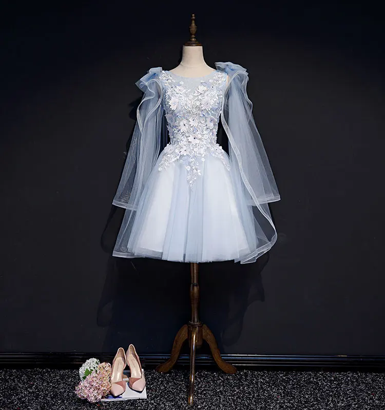 light blue shoulder bowtie sleeve embroidery beading tutu short ball gown dress stage performance/fairy short cosplay dress